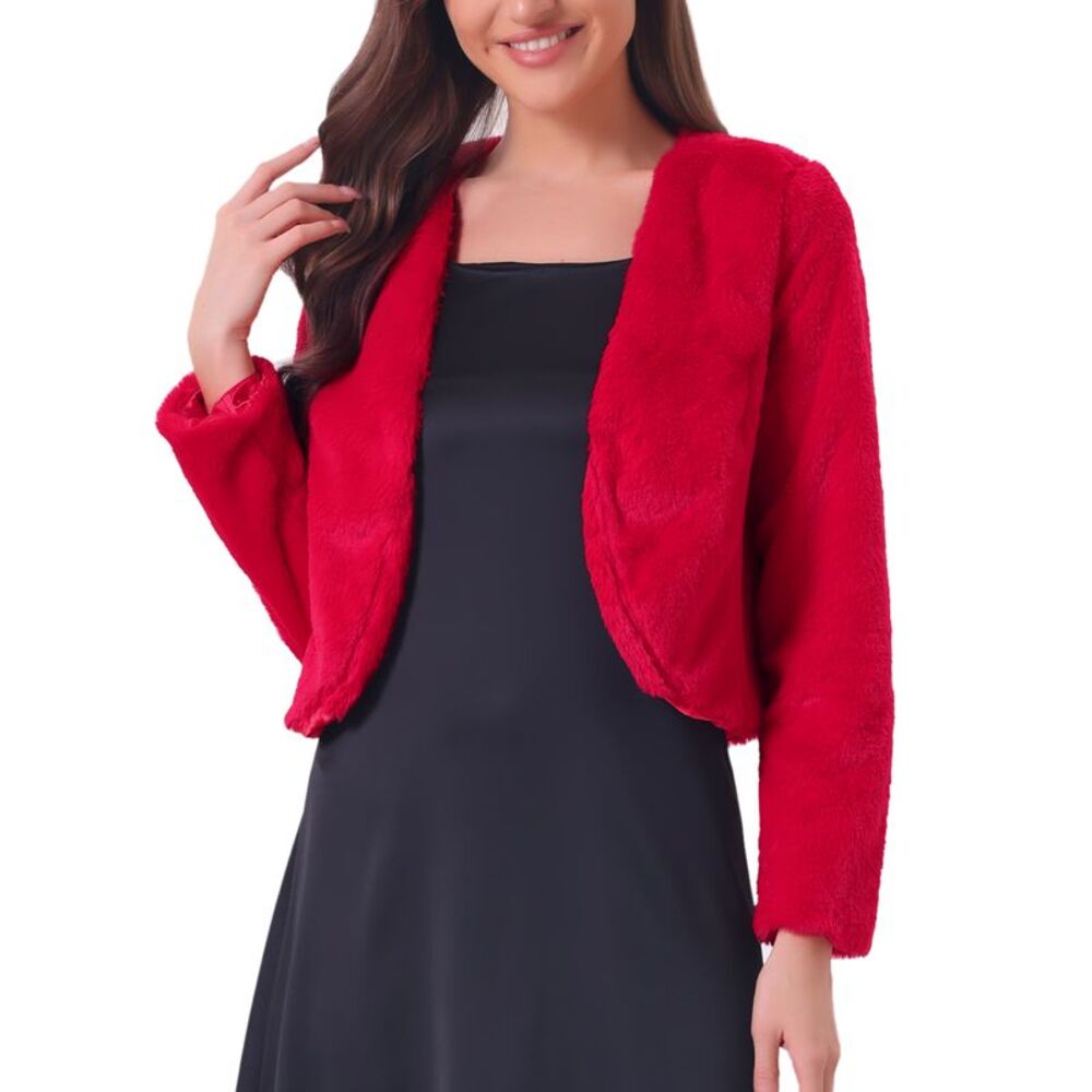 Cropped Jacket Faux Fur Long Sleeve Open Front Bolero Winter Coat Red